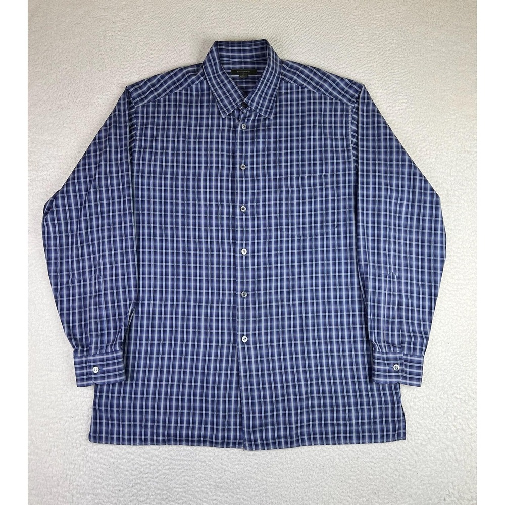 Ermenegildo Zegna Shirt Mens XL Blue Plaid Long Sleeve Button Up Made In Italy
